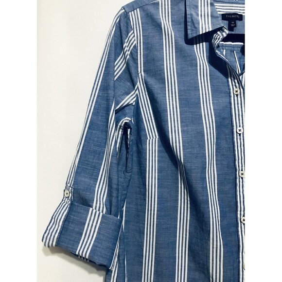 Talbots Top Womens Size 10 Blue White Striped Button Up Roll Tab Sleeves - Picture 4 of 6